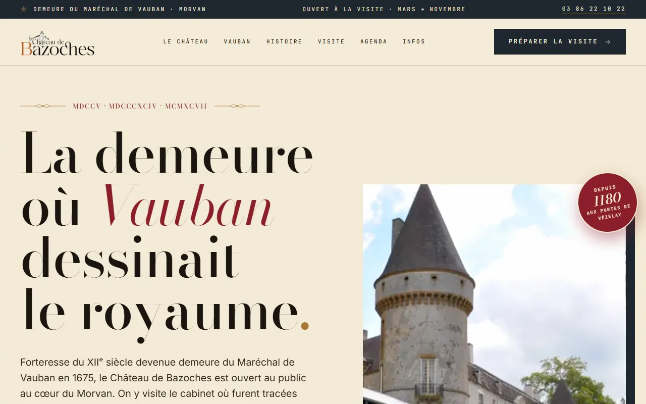 Site Château de Bazoches — patrimoine historique Vauban Maréchal de France avec étoile Vauban SVG, timeline 6 actes et chiffres romains