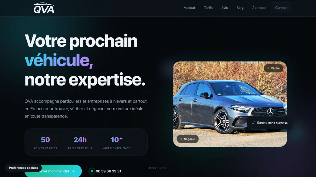 Site vitrine professionnel développé par Exfacere pour QVA, mandataire automobile - Interface moderne avec formulaire de contact intégré, optimisé pour le référencement local